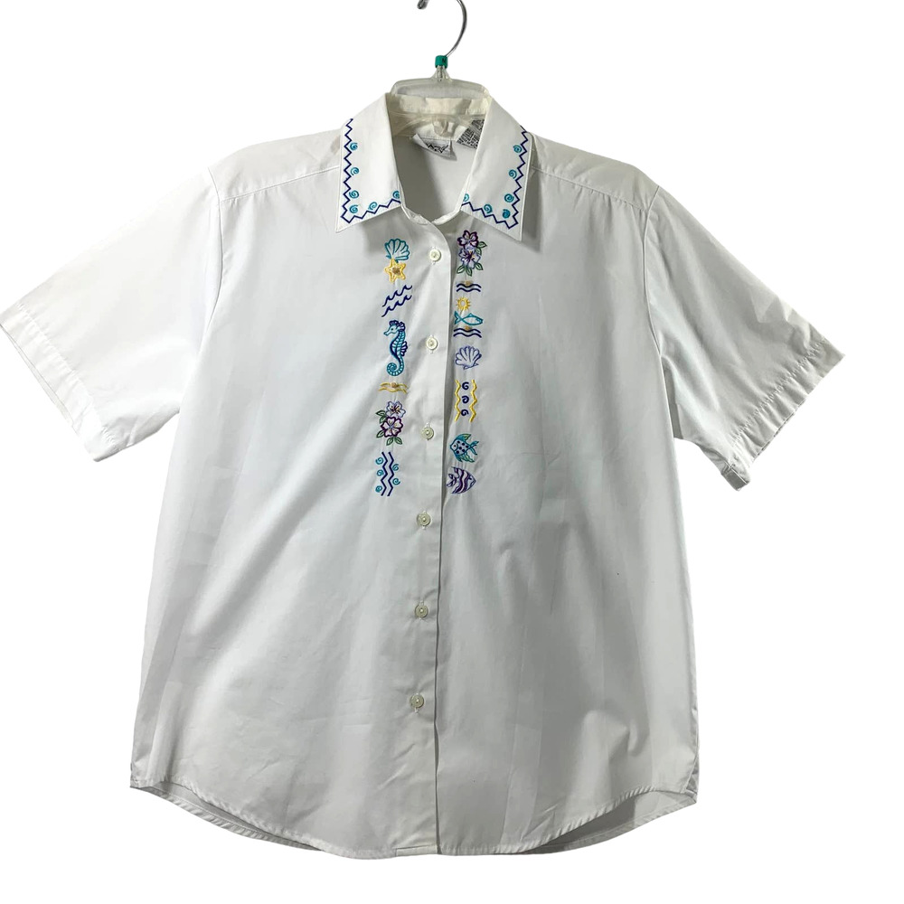 Napa Valley Blouse Womens‎ Medium Embroidered Seahorse Fish Short Sleeve Top